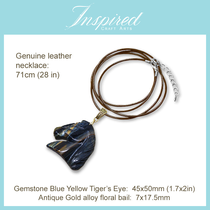 Blue Yellow Tiger's Eye Horse Head pendant necklace | InspiredCraftArts
