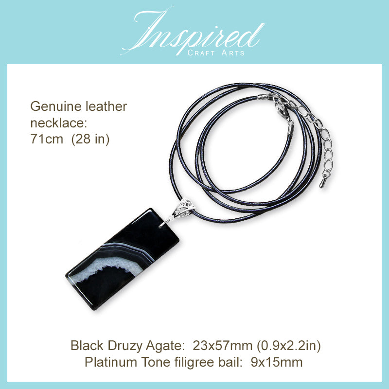 Black Druzy Agate Rectangle shape pendant necklace | InspiredCraftArts