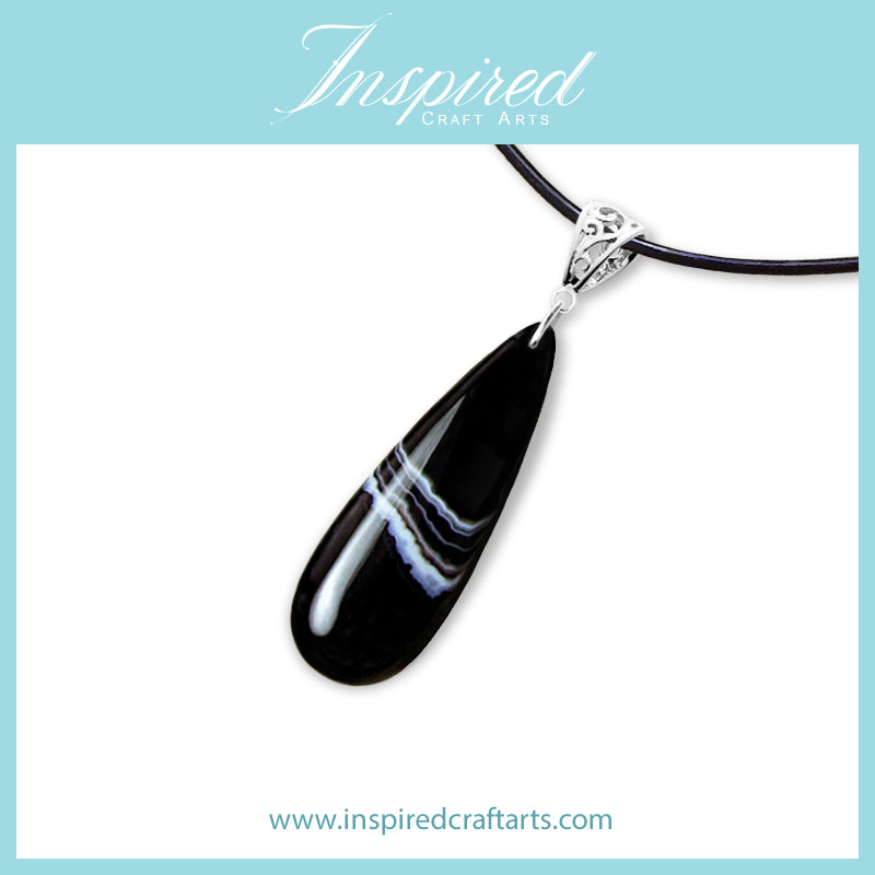 Black Onyx Agate Drop shape pendant necklace | InspiredCraftArts