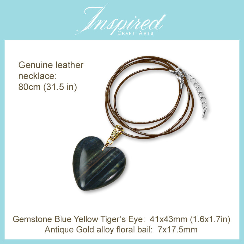 Blue Yellow Tiger's Eye Heart pendant sweater necklace | InspiredCraftArts