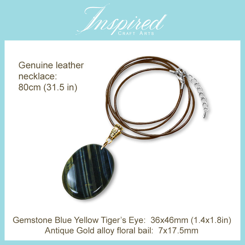 Blue Yellow Tiger's Eye Oval pendant sweater necklace | InspiredCraftArts