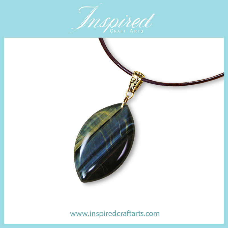 Blue Yellow Tiger's Eye Marquise pendant sweater necklace | InspiredCraftArts