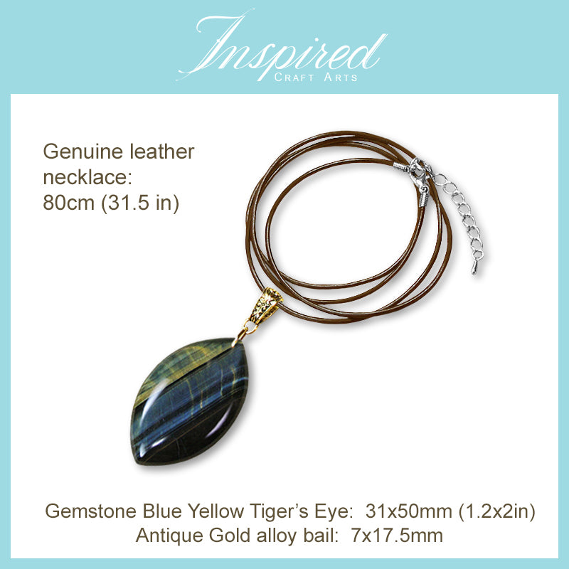 Blue Yellow Tiger's Eye Marquise pendant sweater necklace | InspiredCraftArts