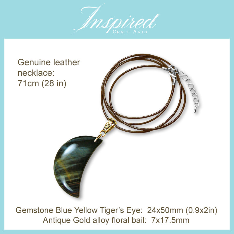 Yellow Blue Tiger's Eye Moon shape pendant necklace | InspiredCraftArts