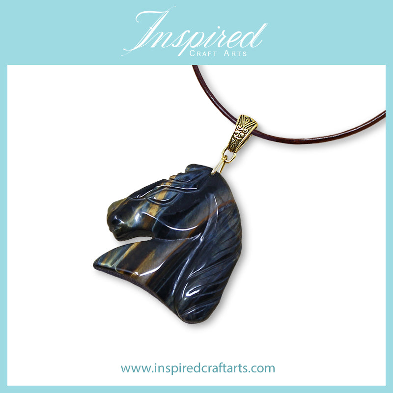 Blue Yellow Tiger's Eye Horse Head pendant necklace | InspiredCraftArts