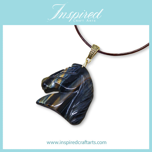 Blue Yellow Tiger's Eye Horse Head pendant necklace | InspiredCraftArts
