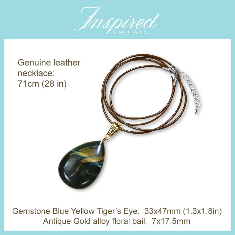 Yellow Blue Tiger's Eye Drop shape pendant necklace | InspiredCraftArts