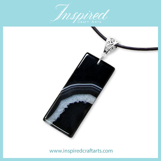 Black Druzy Agate Rectangle shape pendant necklace | InspiredCraftArts