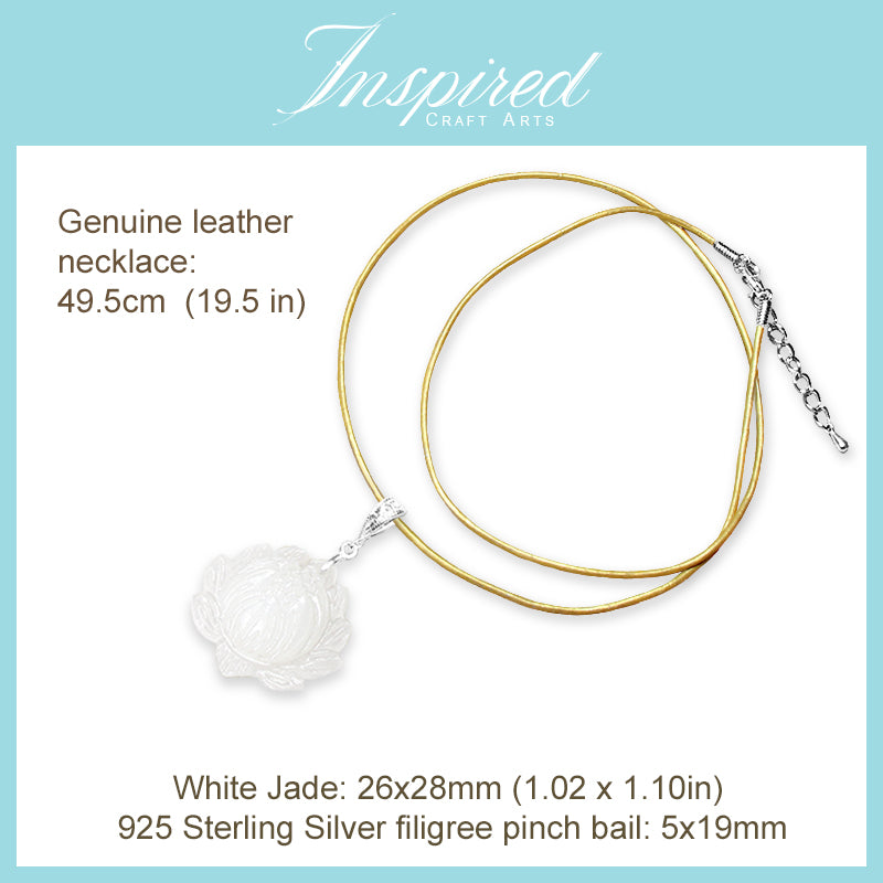White Jade carved Lotus pendant necklace | InspiredCraftArts