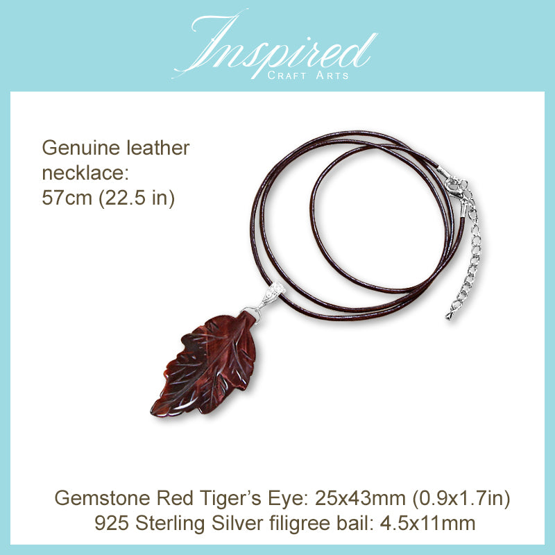 Red Tiger's Eye carved Leaf pendant necklace | InspiredCraftArts