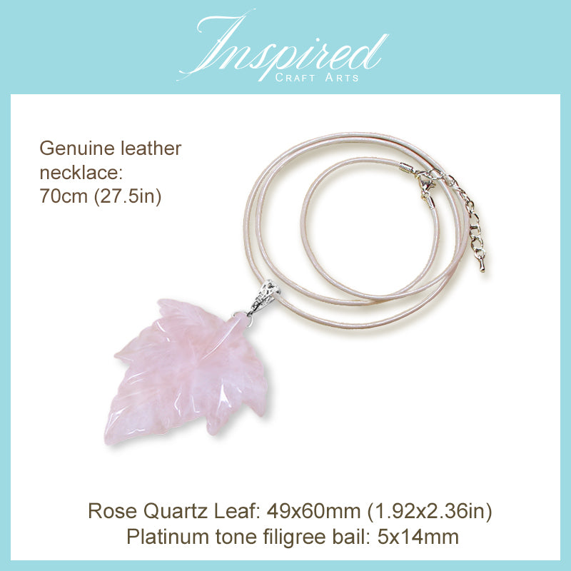 Rose Quartz carved Leaf pendant necklace | InspiredCraftArts