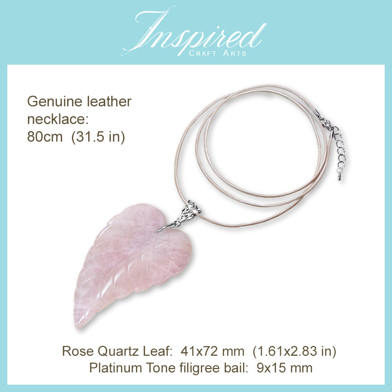 Rose Quartz carved Leaf pendant sweater necklace | InspiredCraftArts